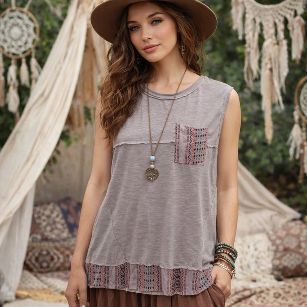 POL Boho Patchwork Slub Cotton Tee - image 1